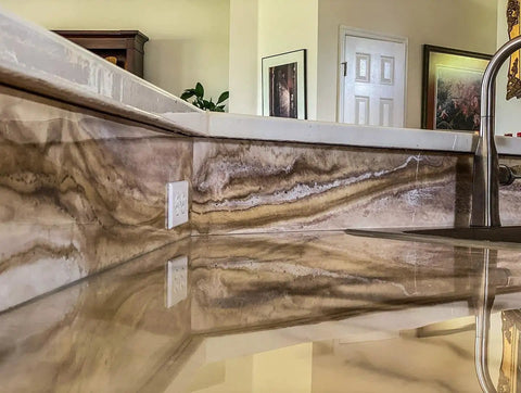 Polished stone countertop with smooth epoxy resin finish, showcasing the effectiveness of Sanding Disc Variety Pack For Stone, Tile, And Countertops.