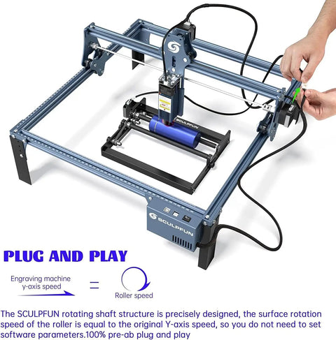 Plug And Play Laser Rotary Roller For Y Axis Engravers setup, showing precise rotating shaft for use with laser cutters.