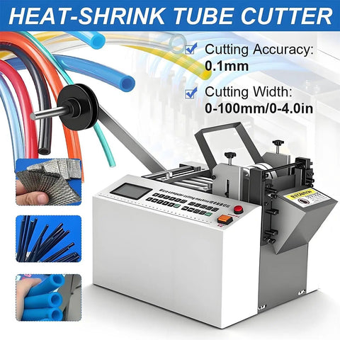 Top Quality Automatic Heat Shrink Tube Cutter With Micro Computer Control And Zero Point One Mm Accuracy, showing cutting mechanism and tubes.
