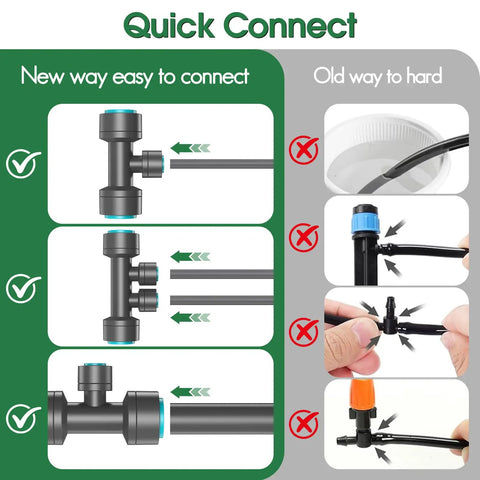 Comparison of quick connect and old way in Drip Irrigation Kit With Smart Water Timer For Garden Yard And Greenhouse, 98 Feet Hose