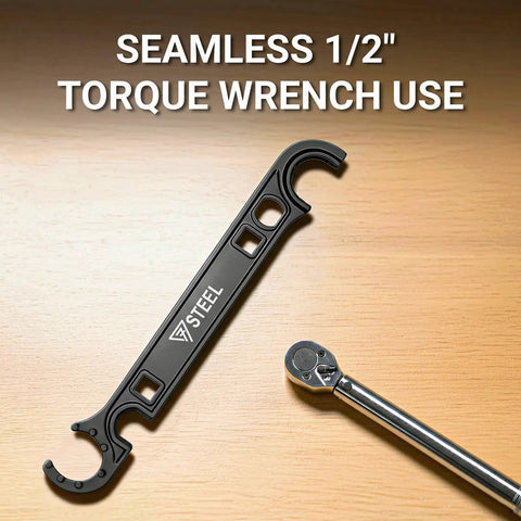 Armorers Wrench for Heavy Duty Assembly and Maintenance with Dual Half Inch Drive Ports, Heat Treated 42CrMo Steel, Rust-Resistant Manganese Phosphate Coating, Pro Grade Torque Marks, Notched Groove Positive Engagement, Ergonomic Grip 1/2 in wrench with ratchet