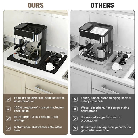 Comparison of home espresso machines on counters with Three In One Silicone Coffee Mat For Home Espresso Machines 23 By 15 Inches.