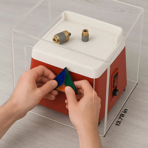Clear Splash Guard Cover For Glass Grinder With Drain Port And Power Cord Slot Transparent Protective Shield For Wet Grinding Universal Safety Enclosure Keeps Your Workspace Dry And Clean showing hands using grinder.