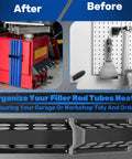 Ultimate 9 Piece Welding Rod Storage Set With 8 Slot Holder And Eight 40 Inch Tungsten Electrode Tubes For Sleek Wall Mount Organization Of All Your TIG Filler Rods And Fabrication Gear In Cool Blue, showing before and after organization.