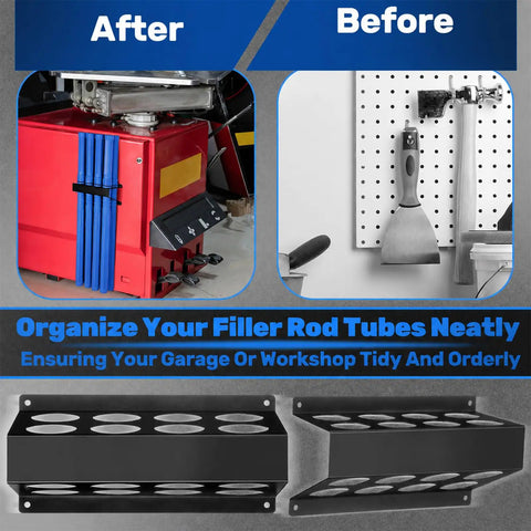 Ultimate 9 Piece Welding Rod Storage Set With 8 Slot Holder And Eight 40 Inch Tungsten Electrode Tubes For Sleek Wall Mount Organization Of All Your TIG Filler Rods And Fabrication Gear In Cool Blue, showing before and after organization.