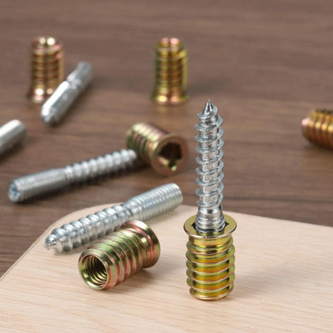 M10x50mm Heavy-Duty Hanger Bolts And M10x20mm Threaded Insert Nuts, 12Pc Wood Dowel Screw Kit with hex socket drive on wood surface.