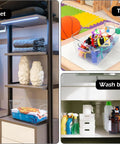 Total Game Changer Clear Plastic Storage Bins Eight Pack Of See Through Pantry Organizers And Fridge Containers Designed For Kitchen Cabinets Freezer Or Dead Simple Home Organization Workflow, displayed in closet, toy storage, and wash basin.