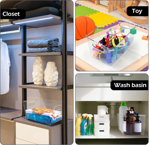 Total Game Changer Clear Plastic Storage Bins Eight Pack Of See Through Pantry Organizers And Fridge Containers Designed For Kitchen Cabinets Freezer Or Dead Simple Home Organization Workflow, displayed in closet, toy storage, and wash basin.