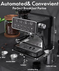 Pro Level Home Espresso Machine With Built In Conical Burr Grinder 20 Bar Pressure Touchscreen Interface One Touch Brewing on kitchen counter.