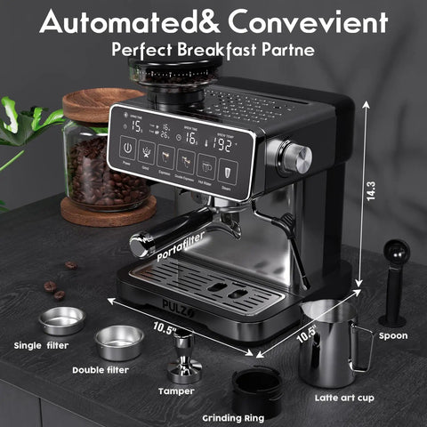 Pro Level Home Espresso Machine With Built In Conical Burr Grinder 20 Bar Pressure Touchscreen Interface One Touch Brewing on kitchen counter.
