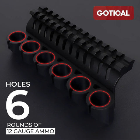 Side Saddle Shell Holder For 500 590 And Shockwave Shotguns 6 Shell Carrier With 13 Slot Aluminum Rail Mount, black, close-up.
