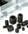 400 Piece Set Screw Kit M3 To M8 Hex Socket Headless Bolts Grade 12.9 Carbon Steel, close-up of screws with storage box