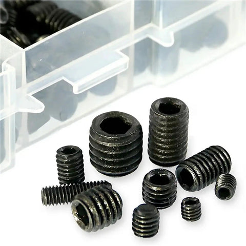 400 Piece Set Screw Kit M3 To M8 Hex Socket Headless Bolts Grade 12.9 Carbon Steel, close-up of screws with storage box