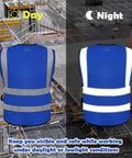 Top Shelf Mesh Safety Vest Class Two High Visibility Reflective Work Gear Featuring Heavy Duty Pockets And Fully Customizable Branding For Job Sites Royal Blue, shown in day and night conditions.