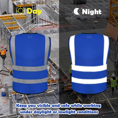 Top Shelf Mesh Safety Vest Class Two High Visibility Reflective Work Gear Featuring Heavy Duty Pockets And Fully Customizable Branding For Job Sites Royal Blue, shown in day and night conditions.