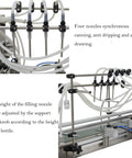 Automatic Liquid Filling Machine With Magnetic Pump And Four Eight Millimeter Nozzles Handles Five To One Thousand Milliliter Bottles On A Fifty Six Inch Conveyor Belt For Rock Solid Workflow, showing adjustable nozzles.