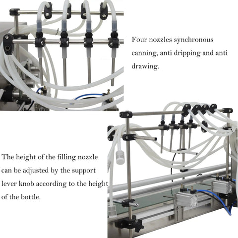 Automatic Liquid Filling Machine With Magnetic Pump And Four Eight Millimeter Nozzles Handles Five To One Thousand Milliliter Bottles On A Fifty Six Inch Conveyor Belt For Rock Solid Workflow, showing adjustable nozzles.