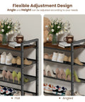 Five Tier Metal Shoe Rack With Wooden Top And Adjustable Mesh Shelves For Entryway Or Closet showing flexible design