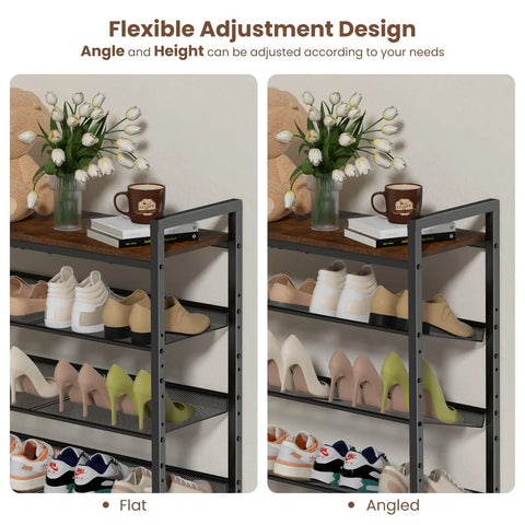 Five Tier Metal Shoe Rack With Wooden Top And Adjustable Mesh Shelves For Entryway Or Closet showing flexible design