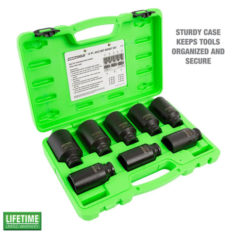Open green case displaying 8 Piece Half Inch Drive Axle Nut Socket Set With 12 Point Sockets 29mm 30mm 32mm 34mm 35mm 36mm 38mm 39mm In Case For Front Wheel Drive Vehicles Durable Case Included For Easy Transport And Organization.