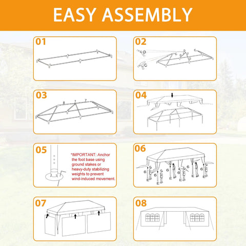 Assembly instructions for the 10x30 Ft Party Tent Heavy Duty Outdoor Canopy With 8 Removable Sidewalls For Backyard Patio Events