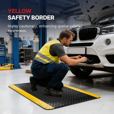 Anti Fatigue Standing Mat For Workshops And Labs With Fifteen Sixteenth Inch High Density Memory Foam And Bright Yellow Border 12 By 3 Feet Heavy Duty Ergonomic Floor Mat To Reduce Foot Knee And Lower Back Fatigue During Long Shifts in garage setting