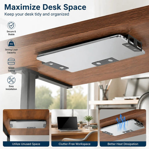 Rock Solid Under Desk Laptop Mount Built Tough Adjustable Metal Shelf under desk view showcasing stability and space-saving design.