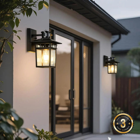 Smart Motion Sensor Outdoor Wall Light For Porch And Garage White Dusk To Dawn Exterior Fixture Rustproof Aluminum Weatherproof PIR Sensor Auto On At Sunset Dim 30 Percent Full Brightness On Motion Returns To Dim After Two Minutes mounted on modern porch wall