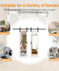 Image of a 60 Inch Wide Mirror Sliding Barn Door Set with Two 30 Inch Panels, 84 Inch Tall, shown in various home interior scenes
