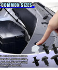 Hand pointing at car with 6 sizes from 100 Piece Car Bumper Clip Kit With 6 Size Push Pin Fasteners And Remover Tool visible.