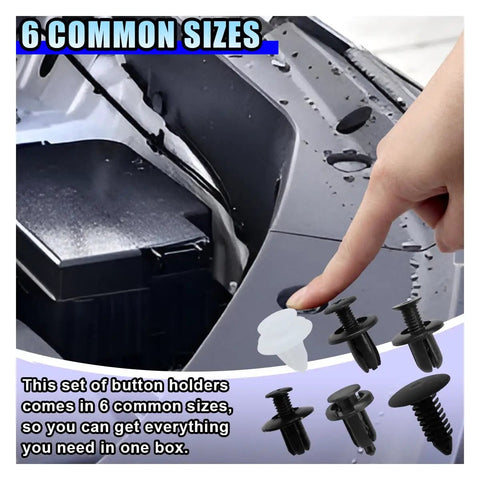Hand pointing at car with 6 sizes from 100 Piece Car Bumper Clip Kit With 6 Size Push Pin Fasteners And Remover Tool visible.