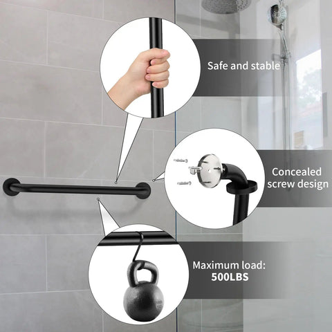 2 Pack 24 Inch Black Shower Grab Bars Stainless Steel Wall Mount Safety Hand Rails For Bathrooms Supports Up To 500 Lbs Anti Rust Concealed Screws