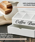 Two Tier Wooden Coffee Bar Organizer For Countertop With Dust Proof Drawer And Five Compartments, White Finish
