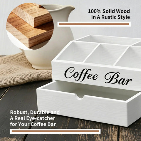Two Tier Wooden Coffee Bar Organizer For Countertop With Dust Proof Drawer And Five Compartments, White Finish