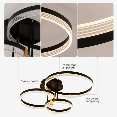 Close-up of Modern LED Ceiling Light With Remote Control, Dimmable Acrylic Ring Chandelier, Two Ring Black Flush Mount Fixture