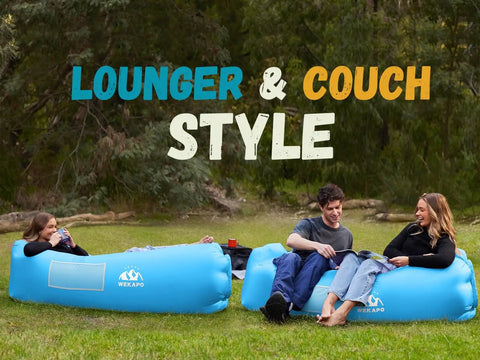 Inflatable Couch Air Lounger Chair For Camping And Beach Trips Portable Blow Up Sofa for Outdoor, Blue, with People Relaxing