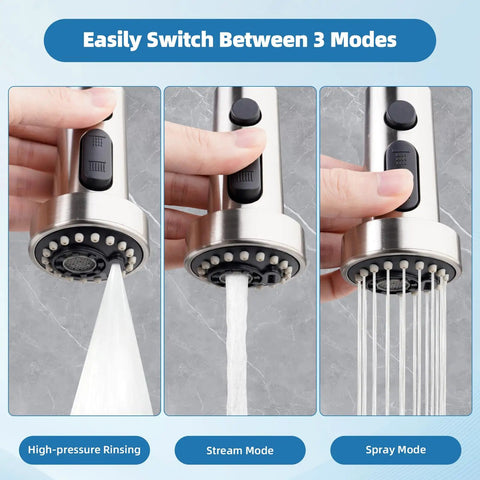 Showing 3 functions of NSF ANSI CAN 61 CUPC Certified Pull Down Kitchen Faucet Head Replacement; high-pressure, stream, spray modes.