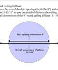 Diagram of round ceiling diffuser showing duct opening measurement of 8 inches and overall dimensions for installation guidance.