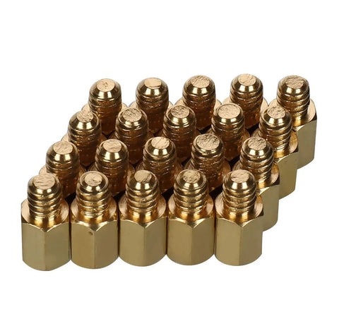 Tough 6-32 Solid Brass Motherboard Standoffs Built For Atx Computer Cases Rig Ready Secure Mounting 20 Pack view of standoffs arranged in a group.