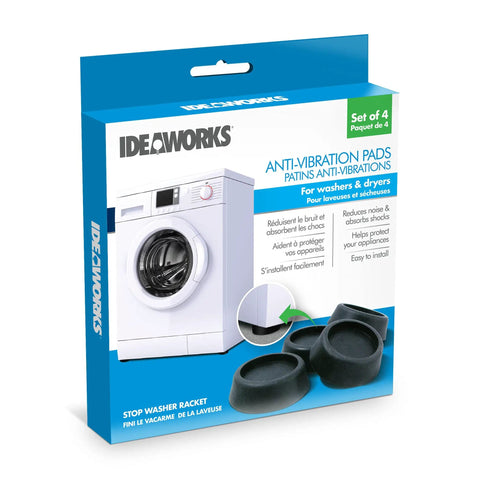Product packaging for Ideaworks Anti Vibration Pads showing 4 black pads for washers, labeled in blue box, reducing noise and vibration.