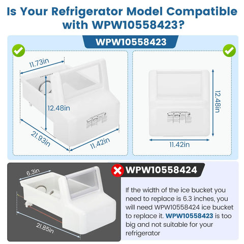WPW10558423 ice maker dimensions diagram for Whirlpool, Kenmore, Maytag, Amana and IKEA refrigerators