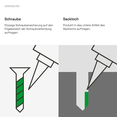 Diagram showing application of a liquid thread locker to a screw and a blind hole for securing connections.