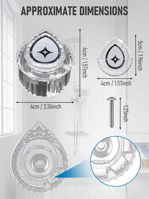 Shower Faucet Handle Replacement Kit 100710 Compatible With Posi-Temp Valve, clear acrylic knob with dimensions shown