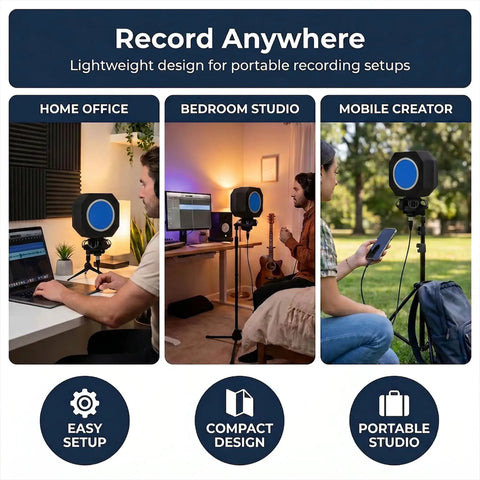 Home Studio Vibe Microphone Isolation Shield With Pop Filter for Clean Recordings in varied setups; home office, studio, mobile.