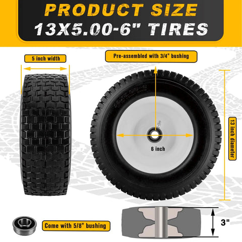 Flat Free Tire And Wheel Set 13x5.00-6 For Riding Lawn Mower, Solid Rubber Tires With Pre Assembled Rims, 3 Inch Centered Hub