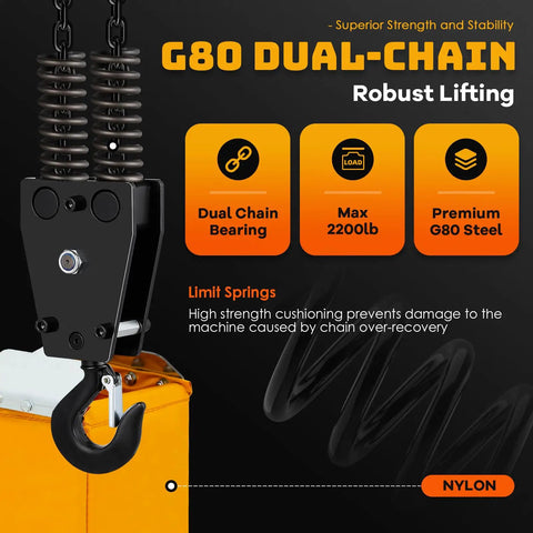 Image of Heavy Duty Electric Chain Hoist 1 Ton, 2200 Lb Capacity, with G80 dual chain, cushioning springs, and robust lifting features.