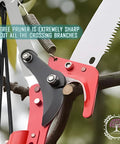Extendable Pole Saw For Tree Trimming With 7.3 To 27 Ft Reach showing sharp steel blade and scissors on a high branch