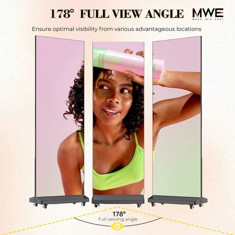 No Sweat Setup 80 Inch P1.86 Led Digital Signage Display With Smart Publishing Suite And Rugged Flight Case Foldable Ad Kiosk Video Wall showing 178° full view angle with model.