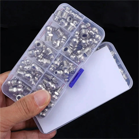 Solid 60 Piece Metric Grease Fitting Kit With Nine Types Of Galvanized Metal Hydraulic Zerk Assortment Set For M6 M8 M10 Sizes Featuring Rock Spring Check Valve Built In Anti Leakage One Way Design Perfect For Heavy Duty Auto Repair Shop Jobs And Keeping portable case of mixed zerk fittings