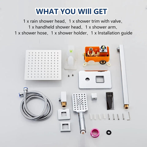 Components of 8 Inch Rain Shower Head And Handheld Dual Shower System With Wall Mount High Pressure Rainfall Experience Luxury Brushed Silver